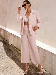 Lapel Collar Blazer With Cropped Trousers - Baby Pink - View 4