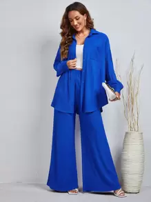 SHEIN LUNE Solid Drop Shoulder Curved Hem Shirt & Wide Leg Trousers - Royal Blue - View 1