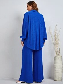 SHEIN LUNE Solid Drop Shoulder Curved Hem Shirt & Wide Leg Trousers - Royal Blue - View 2
