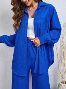 SHEIN LUNE Solid Drop Shoulder Curved Hem Shirt & Wide Leg Trousers - Royal Blue - View 3
