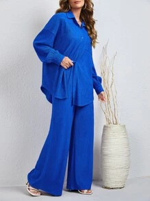 SHEIN LUNE Solid Drop Shoulder Curved Hem Shirt & Wide Leg Trousers - Royal Blue - View 4