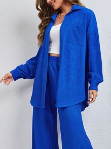 SHEIN LUNE Solid Drop Shoulder Curved Hem Shirt & Wide Leg Trousers - Royal Blue - View 5