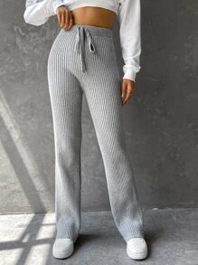 SHEIN EZwear Pantalones De Cintura Con Cordón Y Tejido De Punto Acanalado - Gris - Ver 1