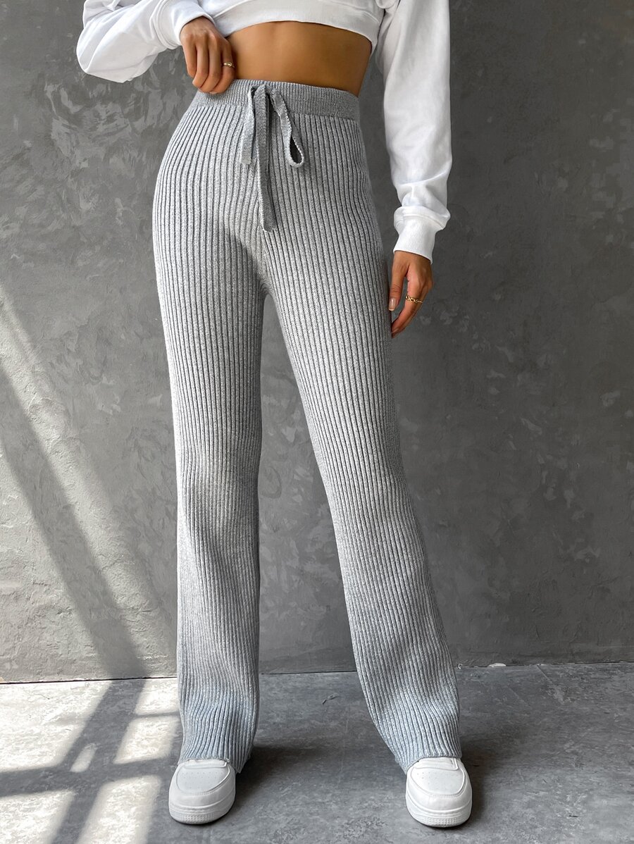 SHEIN EZwear Pantalones De Cintura Con Cordón Y Tejido De Punto Acanalado - Gris - Ver 1