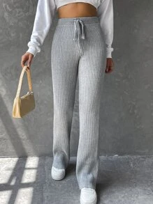 SHEIN EZwear Pantalones De Cintura Con Cordón Y Tejido De Punto Acanalado - Gris - Ver 3