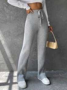SHEIN EZwear Pantalones De Cintura Con Cordón Y Tejido De Punto Acanalado - Gris - Ver 4