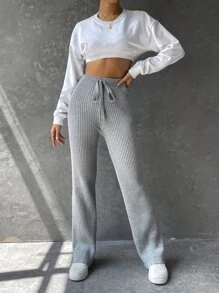 SHEIN EZwear Pantalones De Cintura Con Cordón Y Tejido De Punto Acanalado - Gris - Ver 5