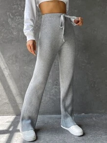 SHEIN EZwear Pantalones De Cintura Con Cordón Y Tejido De Punto Acanalado - Gris - Ver 6