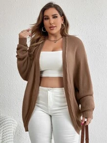 SHEIN Essnce 大碼麻花編織蝙蝠袖開襟開衫 - 咖啡棕 - 查看 1