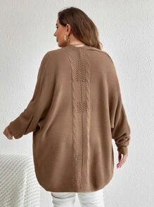 SHEIN Essnce 大碼麻花編織蝙蝠袖開襟開衫 - 咖啡棕 - 查看 2
