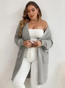 SHEIN Essnce 大碼落肩袖口袋貼布開襟開衫 - 淺灰色 - 查看 1