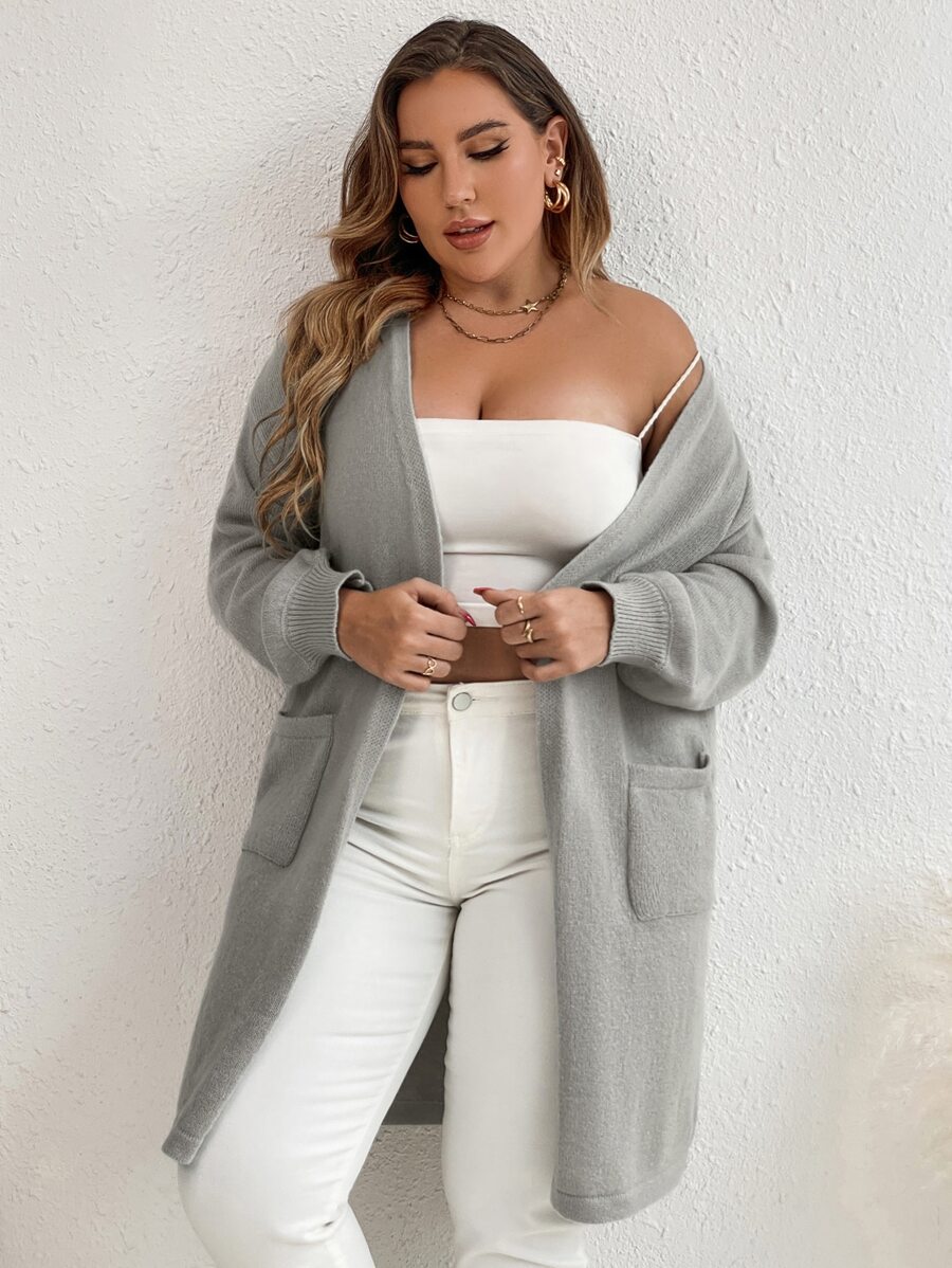 SHEIN Essnce 大碼落肩袖口袋貼布開襟開衫 - 淺灰色 - 查看 1