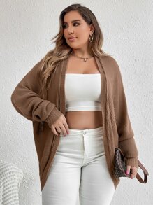 SHEIN Essnce 大碼麻花編織蝙蝠袖開襟開衫 - 咖啡棕 - 查看 3