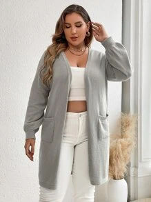 SHEIN Essnce 大碼落肩袖口袋貼布開襟開衫 - 淺灰色 - 查看 3