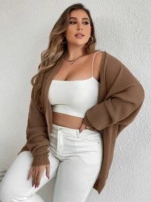 SHEIN Essnce 大碼麻花編織蝙蝠袖開襟開衫 - 咖啡棕 - 查看 4