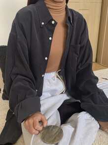 DAZY Áo sơ mi nhung kẻ túi trước vai trễ, quần áo mùa thu, áo dài tay - Màu xám đen - Xem 1