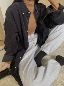 DAZY Áo sơ mi nhung kẻ túi trước vai trễ, quần áo mùa thu, áo dài tay - Màu xám đen - Xem 2