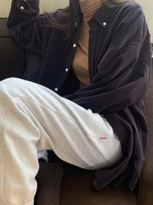 DAZY Áo sơ mi nhung kẻ túi trước vai trễ, quần áo mùa thu, áo dài tay - Màu xám đen - Xem 5