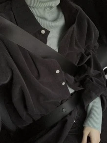 DAZY Áo sơ mi nhung kẻ túi trước vai trễ, quần áo mùa thu, áo dài tay - Màu xám đen - Xem 6
