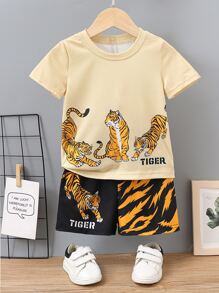 小男童字母和老虎印花T恤和短褲