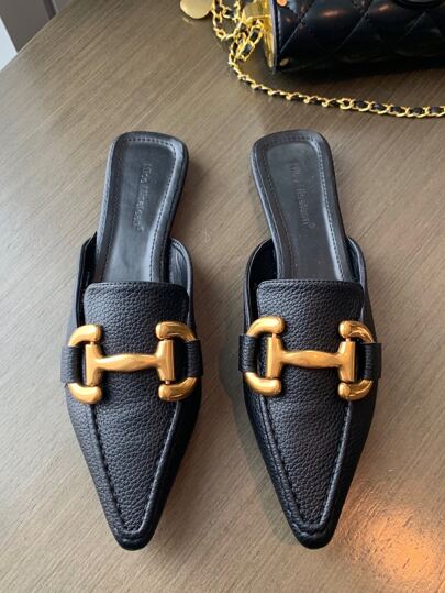 Nice Nineteen 秋冬女士金属装饰尖头平底穆勒鞋，时尚户外平底鞋