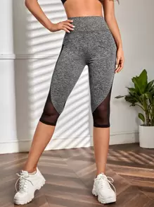 Yoga Trendy 寬腰帶網紗拼接運動打底褲帶手機口袋 - 灰色 - 查看 2