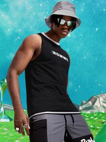 ROMWE MEN 男士字母撞色滾邊背心 - 黑色 - 查看 6