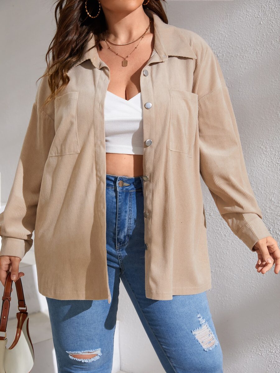 大碼雙口袋落肩袖外套 - 卡其色 - 查看 1