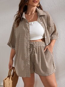 CovetEZ Plus Drop Shoulder Drawstring Hooded Shirt & Shorts - Multicolor - View 4