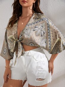 SHEIN VCAY 大碼印花落肩袖襯衫 - 卡其色 - 查看 3