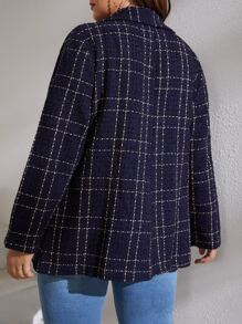 SHEIN Privé 大碼格紋圖案雙排釦花呢外套 - 藏蓝色 - 查看 2