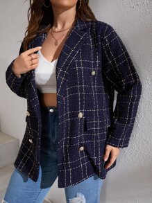 SHEIN Privé 大碼格紋圖案雙排釦花呢外套 - 藏蓝色 - 查看 3