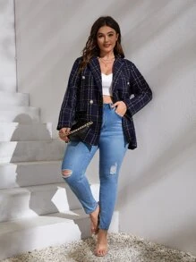 SHEIN Privé 大碼格紋圖案雙排釦花呢外套 - 藏蓝色 - 查看 4