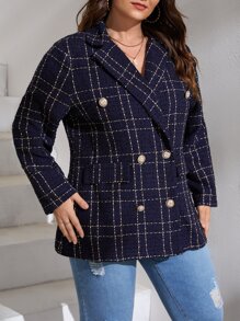 SHEIN Privé 大碼格紋圖案雙排釦花呢外套 - 藏蓝色 - 查看 5