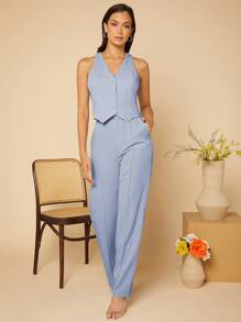 SHEIN Privé Button Front Vest Blazer & Seam Detail Pants - Baby Blue - View 1