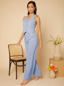SHEIN Privé Button Front Vest Blazer & Seam Detail Pants - Baby Blue - View 4
