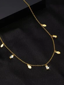 方晶鋯石和橢圓形吊飾項鍊 - 金黃色 - 查看 3