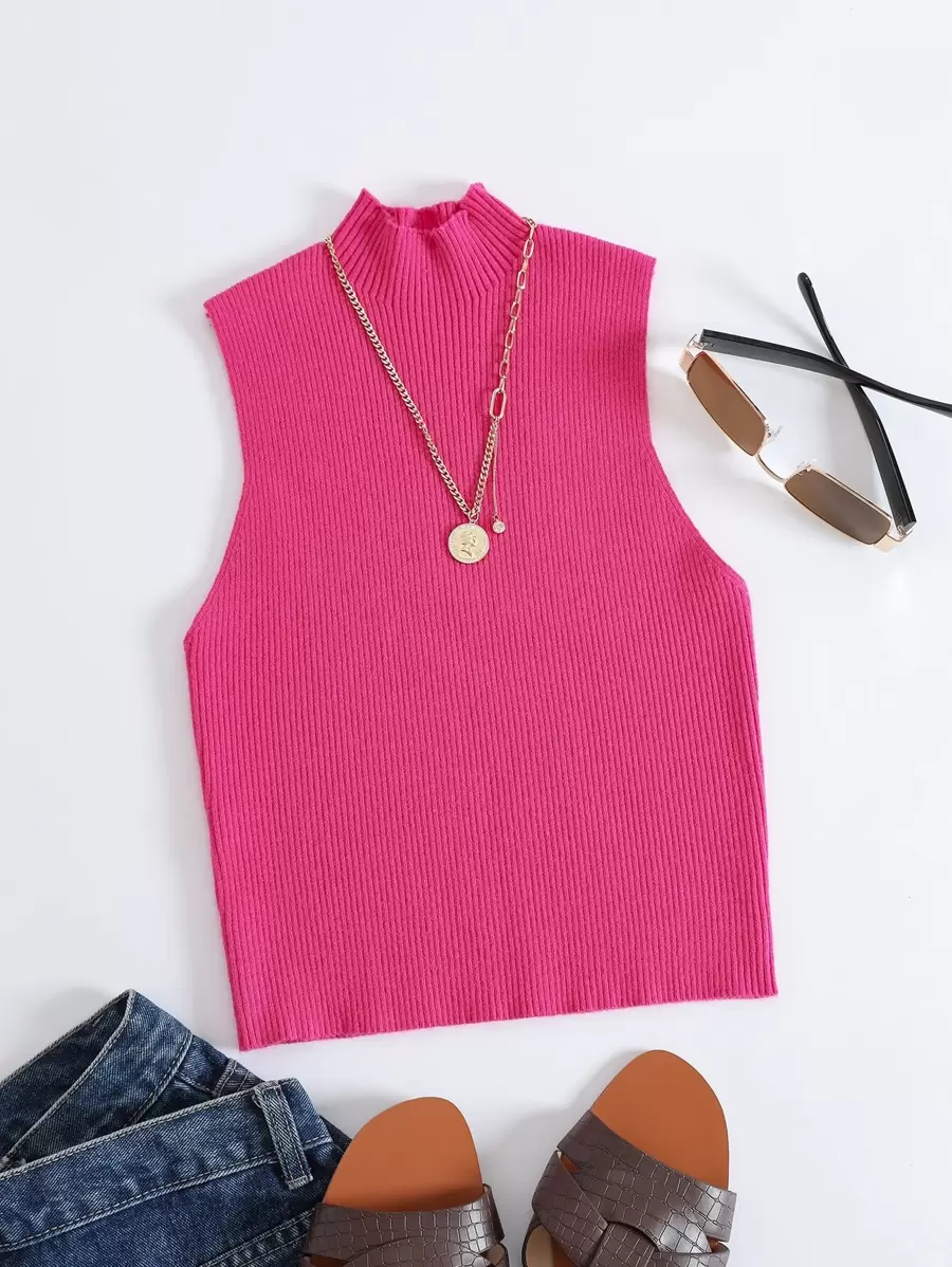 SHEIN Essnce 素色小高領條紋針織上衣無項鏈 - 玫紅色 - 查看 1