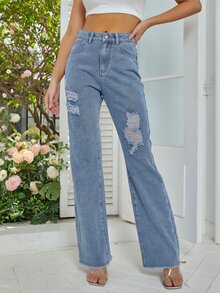 Ripped Raw Hem Straight Leg Jeans - Light Wash - View 5