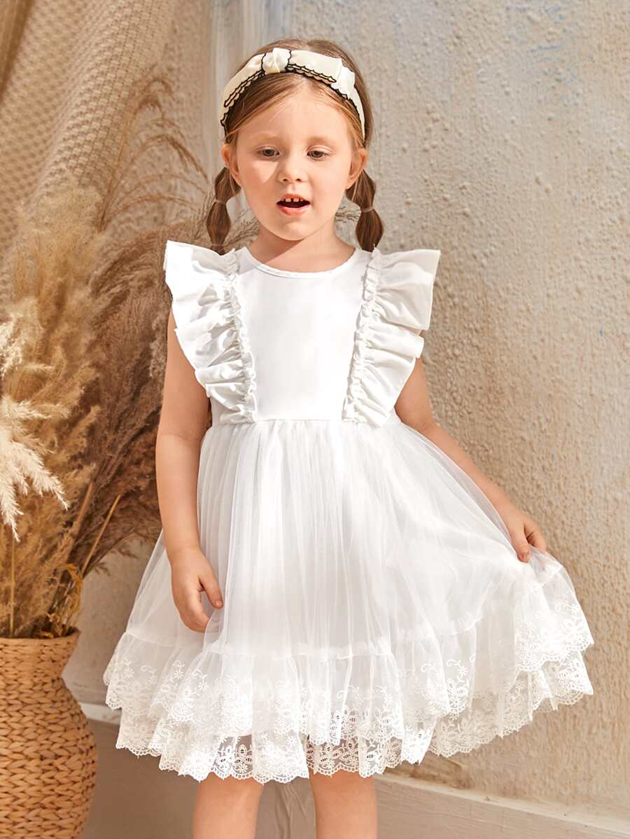 SHEIN Chica Joven Vestido con encaje en contraste ribete con fruncido de malla flor - Beis - Ver 1