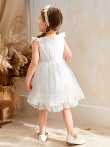 SHEIN Chica Joven Vestido con encaje en contraste ribete con fruncido de malla flor - Beis - Ver 2