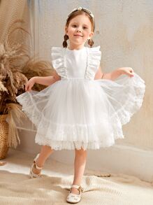 SHEIN Chica Joven Vestido con encaje en contraste ribete con fruncido de malla flor - Beis - Ver 5