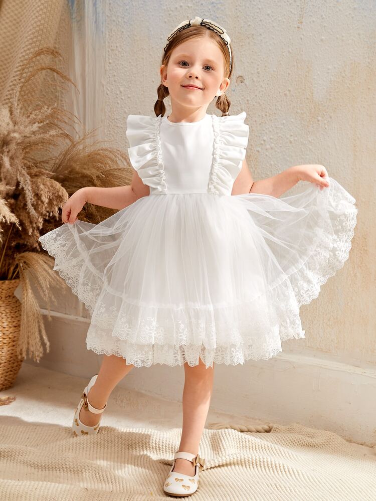 SHEIN Chica Joven Vestido con encaje en contraste ribete con fruncido de malla flor - Beis - Añade 5