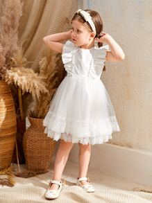 SHEIN Chica Joven Vestido con encaje en contraste ribete con fruncido de malla flor - Beis - Ver 4