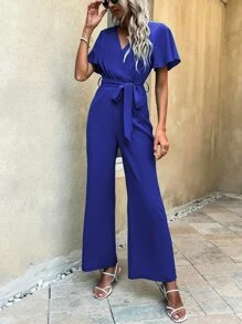 SHEIN Clasi Butterfly Sleeve Belted Wide Leg Jumpsuit | SHEIN USA