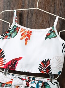 SHEIN Girls Tropical Print Cami Top & Trousers & Kimono - White - View 3