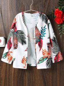 SHEIN Girls Tropical Print Cami Top & Trousers & Kimono - White - View 5