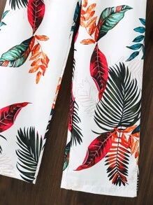 SHEIN Girls Tropical Print Cami Top & Trousers & Kimono - White - View 6