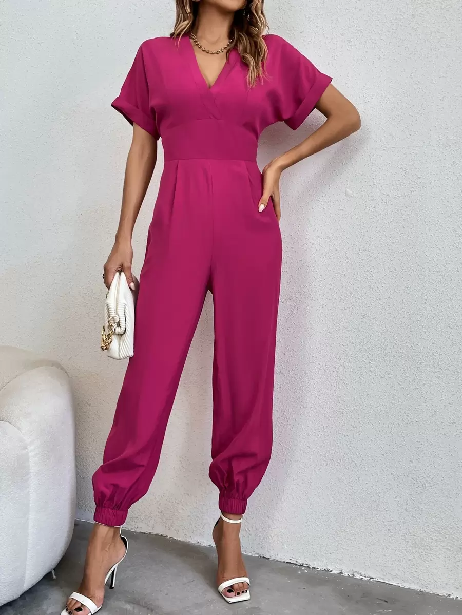SHEIN Unity Batwing Sleeve Fold Pleated Jumpsuit - Hot Pink - View 1