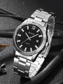 Rclock Đồng hồ thạch anh 1 mảnh nam đeo tay tròn ngày và 1 mảnh vòng tay - Bạc - Xem 2
